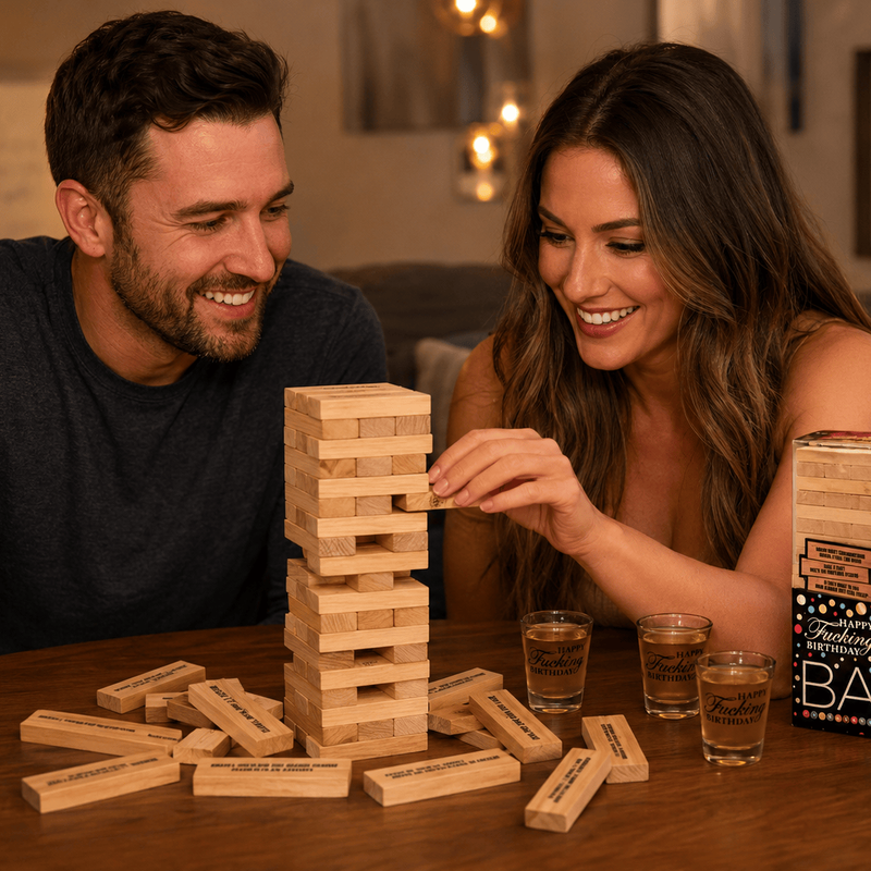 Jeu à Boire Adulte - Happy Fucking Birthday Bash Game | 60 Blocs, 4 Verres Little Genie Sensations plus