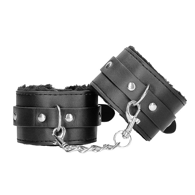 Menottes BDSM peluche noir en cuir reconstitué – OUCH! avec sangles Ouch! B&W Sensations plus
