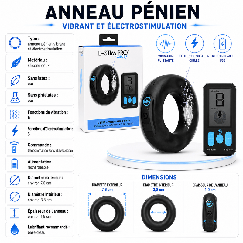 Anneau Vibrant & Électrostimulation - Zeus E-Stim Pro | Contrôle Sans Fil