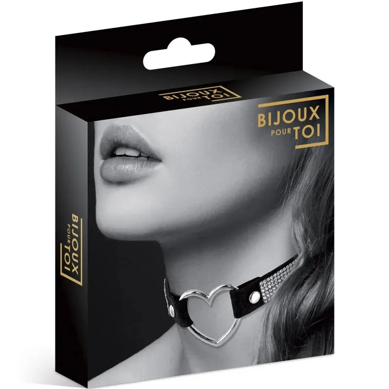 Collier Ras de Cou Fetish - Bijoux Pour Toi | Choker Noir, Cœur & Strass Argenté Bijoux pour toi Sensations plus