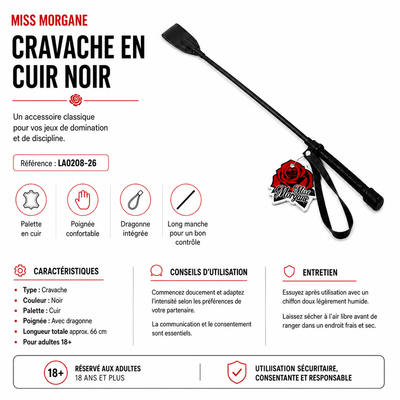 Cravache de BDSM en Cuir - Miss Morgane | Palette en Cuir Noir Miss Morgane Sensations plus