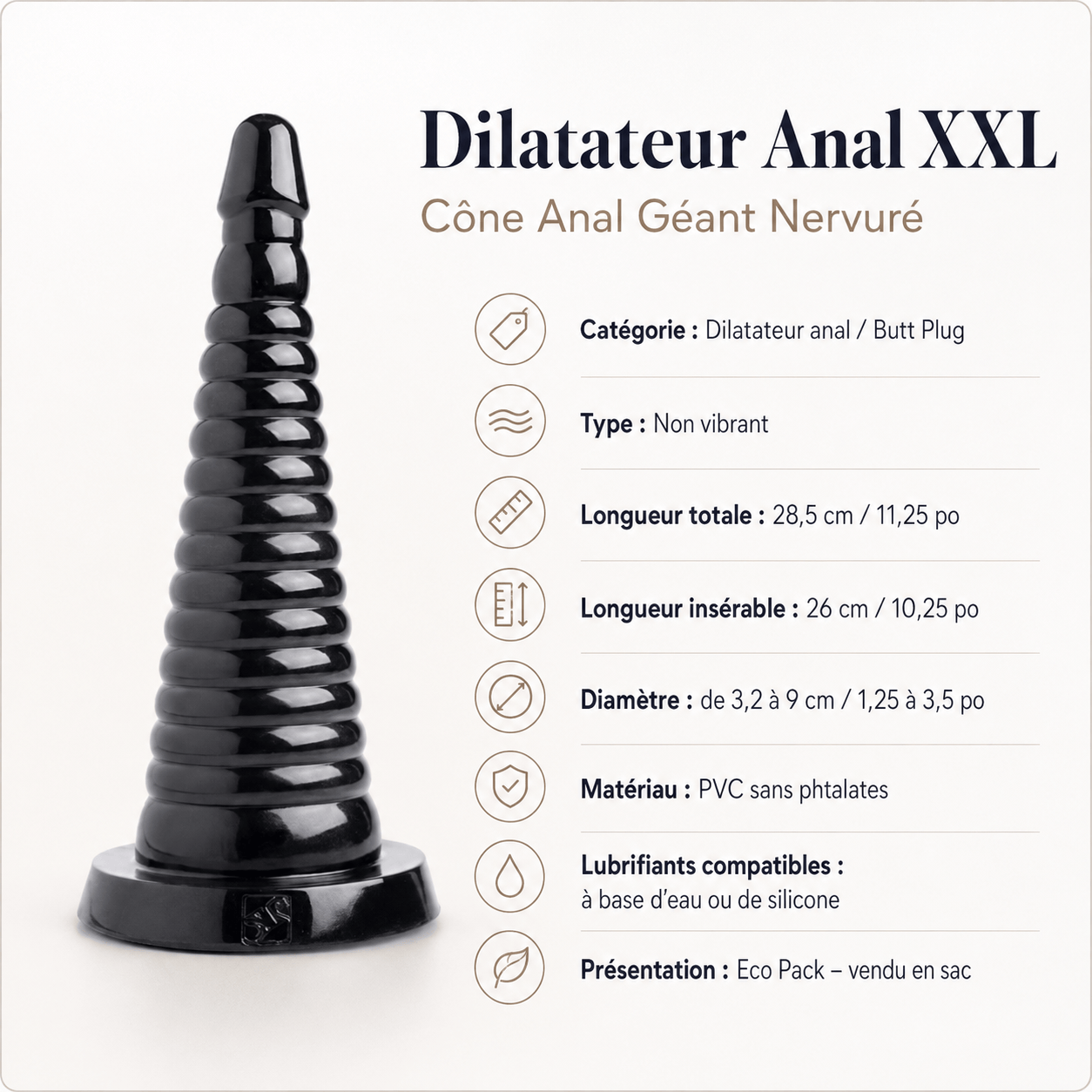 Dilatateur Anal XXL - Cône Anal Géant Nervuré | 28,6 cm x 8,9 cm Sensations Plus Sensations plus