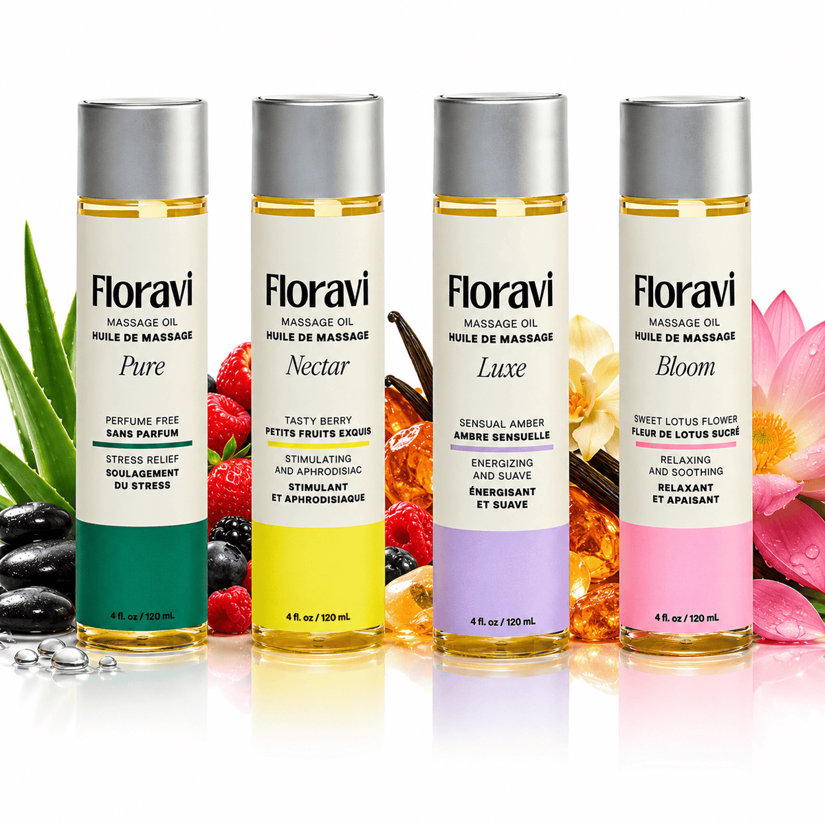 Huile de Massage Corporelle Intime - 4 Fragrances Sensuelles 4 oz | Floravi Floravi Sensations plus