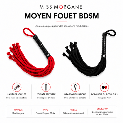 Moyen Fouet BDSM à Lanières - Miss Morgane | Rouge ou Noir Miss Morgane Sensations plus