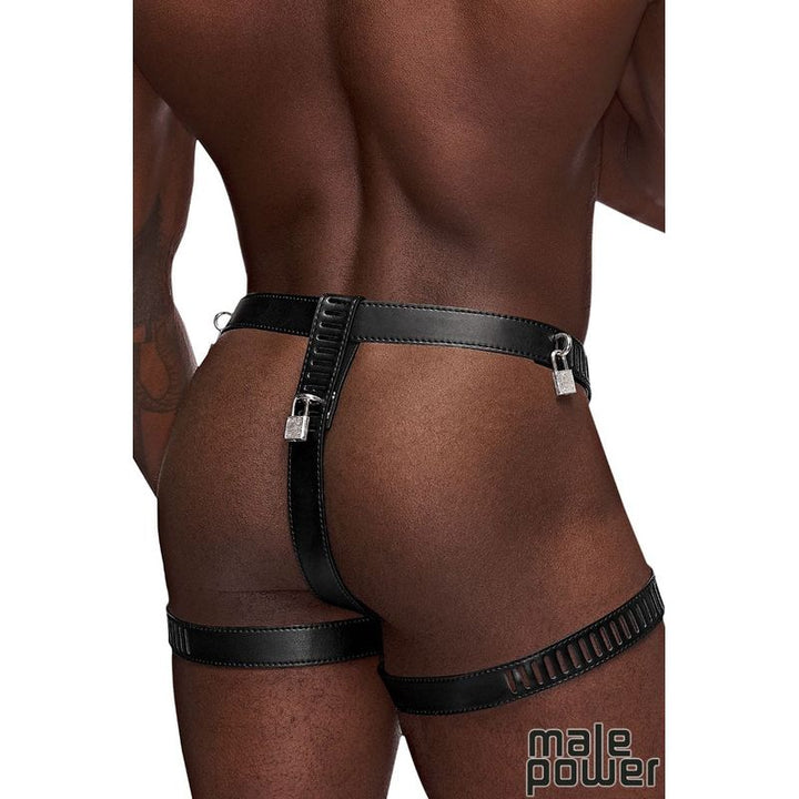 Sous-vêtement pour Homme - Male Power - Scorpio PU Leather Padlock Thong Male Power Sensations plus