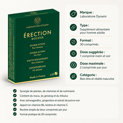 Supplément pour Homme - Erection Booster | 30 comprimés Laboratoire Dynami Sensations plus